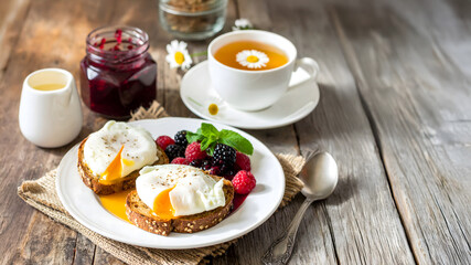 A rustic breakfast setup featuring poached eggs on whole-grain toast with berries, accompanied by herbal tea with a daisy garnish, jam, and cream, all on a wooden table.