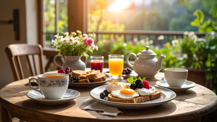 A beautifully arranged breakfast table on a sunny morning, featuring toast with eggs and berries, tea, juice, and a vase of flowers, set against a serene outdoor backdrop