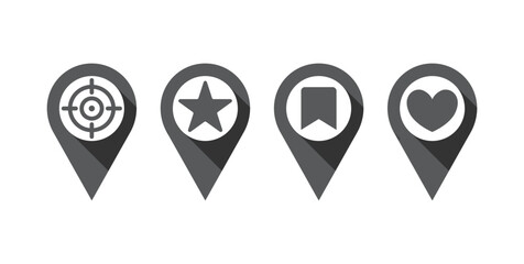 GPS location pin icons with target, star, bookmark, and heart symbol