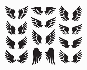 Black wings silhouette vector set, the wings set is ideal for logo, emblem, badge design. Versatile for art, heraldry, animal symbolism. Ranging from simple to intricate feather or scale details