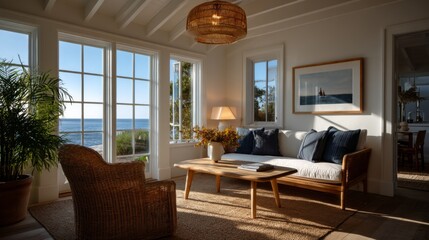 Fototapeta premium sunlit cottage living room with wicker ceiling lamp, rattan armchair