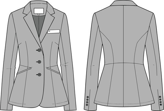cad drawing flat vector illustration, tailored blazer front and back view, fashion technical sketch formal women’s jacket template