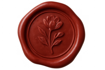 Red wax seal with a flower imprint, isolated on transparent background, adds a touch of elegance and authenticity