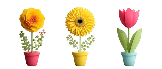 Vibrant arrangement of three flower pots featuring a yellow rose, sunflower, and pink tulip, set against a clean background