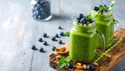 Nutritious Green Smoothie Topped with Berries and Fresh Herbs
