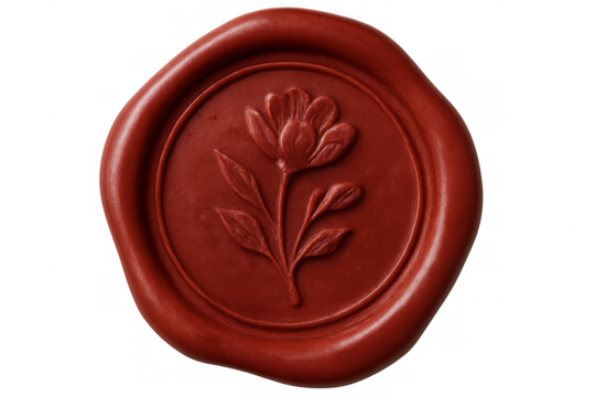 Red wax seal with a flower imprint, isolated on transparent background, adds a touch of elegance and authenticity