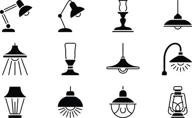 Fototapeta premium Black and White Lighting Fixture Icons Set Desk Lamps Pendant Lights