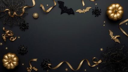 Fototapeta premium Halloween background with gold and black decorations on a spooky scene. Suitable for Halloween invitations, greeting cards, party flyers, and social media posts.