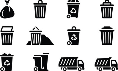 Black and White Trash Can Icons Recycling Garbage Truck