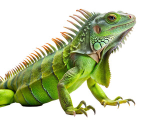 Vibrant green iguana with spiky dorsal crest isolated on white background