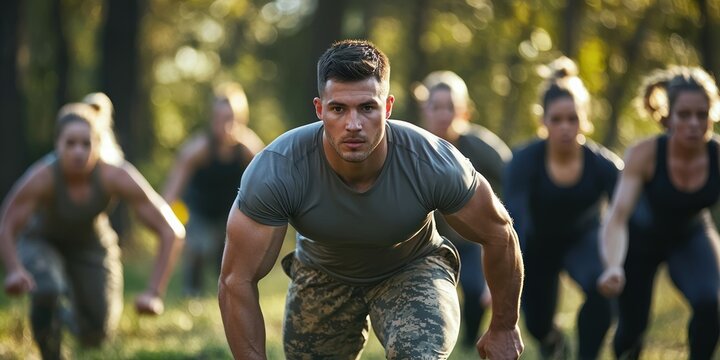 A military-style boot camp workout with a fitness instructor leading the group