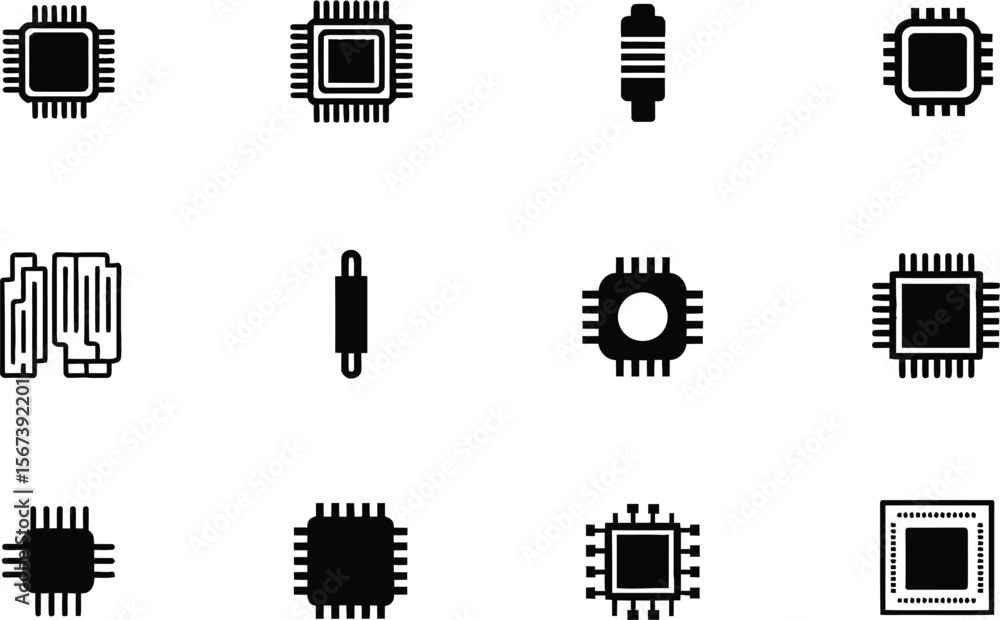 Poster black and white microchip icons set computer technology components