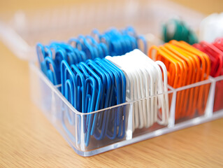 Organized Colorful Paperclips in a Clear Plastic Container