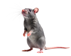 A curious gray rat standing on its hind legs looking upwards isolated on white background