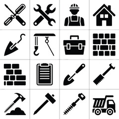 Construction tools icons set vector illustration for building repair and home improvement projects