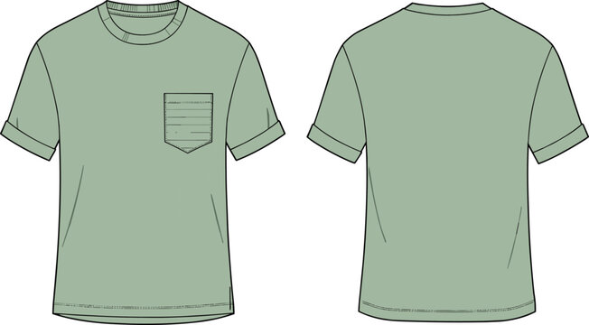 cad drawing flat vector illustration, men’s rolled sleeve pocket t-shirt technical sketch, casual fashion apparel design template, front back view