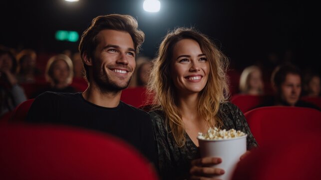 Young couple in green seats movie theatre having fun watching a movie and eating popcorn on red seats