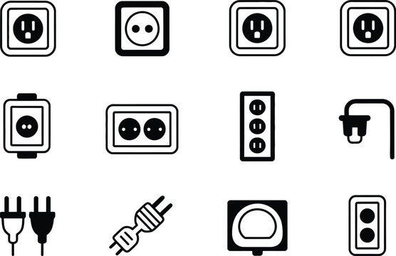 Electrical Outlets Plugs and Sockets Icon Set Black and White