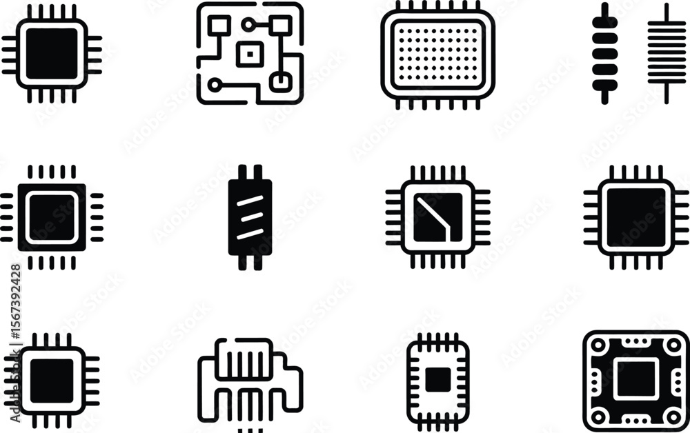Poster black and white microchip circuit board component icons set