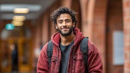 Young smiling Indian male student standing in university library with backpack