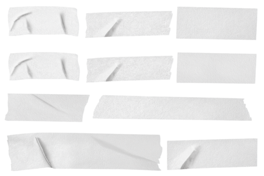 Gray adhesive tape isolated on transparent background. Paper tape sticker with ripped edges. scotch plastic. Torn masking tape set. Template mockup for message, labels, add text, Design elements. PNG