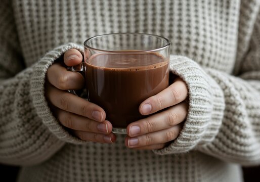 A person is holding a mug of hot chocolate while wearing a sweater, indicating a moment of warmth and comfort likely experienced indoors.