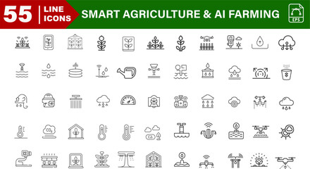 Outline Irrigation Icons – Smart Water Pump, Soil Moisture, Mobile Control, Cloud Sync
