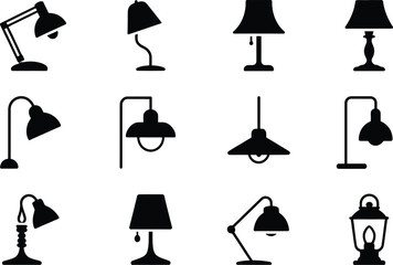 Twelve Black Silhouette Lamp Icons Set Table Desk Hanging