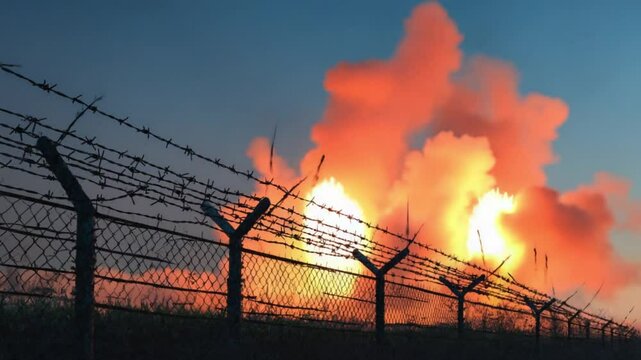Realistic 4K loop of a barbed wire fence silhouetted against distant explosions on the horizon, with sparks and dust blowing in the wind.