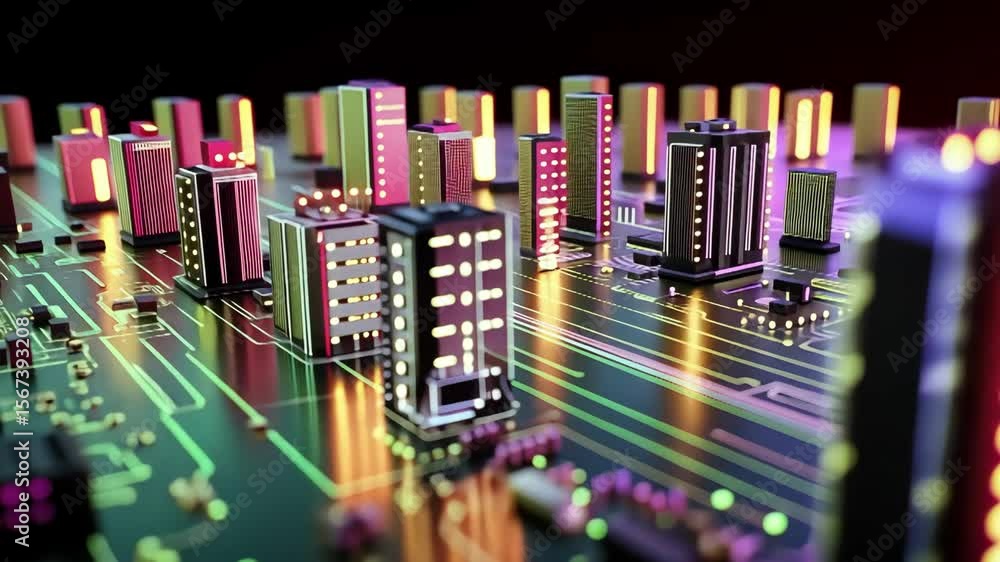 Poster abstract technology circuit board cityscape with illuminated elements
