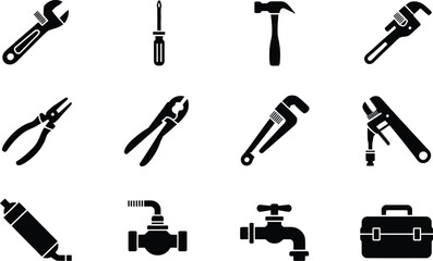 Black and White Tool Icons Set Plumbing Repair Kit