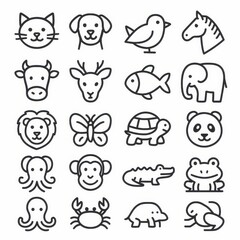 Pixel Art Animal Icons Black and White Line Drawings