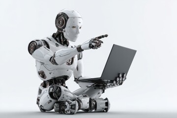 Robotic figure using a laptop, pointing forward suggesting innovation and progress within the realm of artificial intelligence.