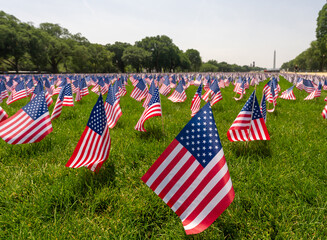 USA flags near the Washington Monument. USA banner on Independence Day. National Mall in DC with...