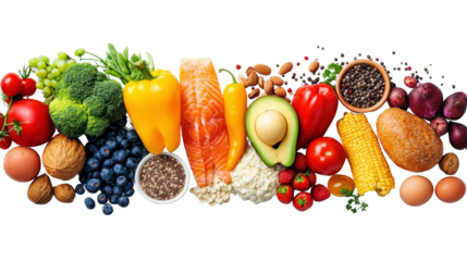 Clean layout of five food groups in grid format Transparent background, PNG