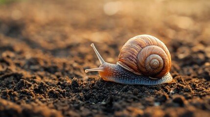 Tiny snail trail across dry soil, macro photography with shallow depth