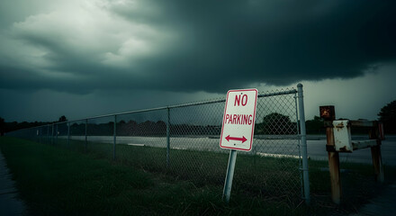Brooding Skies Loom Above No Parking Sign Near Fenced Roadside