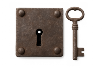 Metallic key leaning against ornate keyhole, symbolizing protection, privacy, and secure entry against minimalist white backdrop