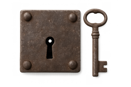 Metallic key leaning against ornate keyhole, symbolizing protection, privacy, and secure entry against minimalist white backdrop