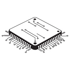 Isometric view of a detailed black and white vector illustration of a cpu chip