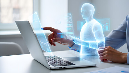Futuristic Business Analysis Man Interacting with Digital Interface and Laptop