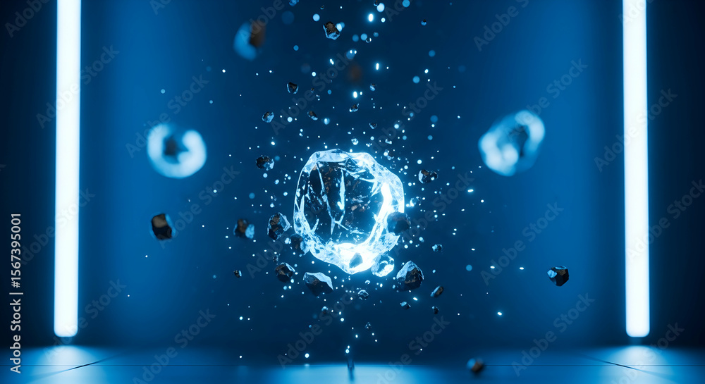 Fototapete futuristic crystal floating with asteroids in a neon lit space abstract artwork