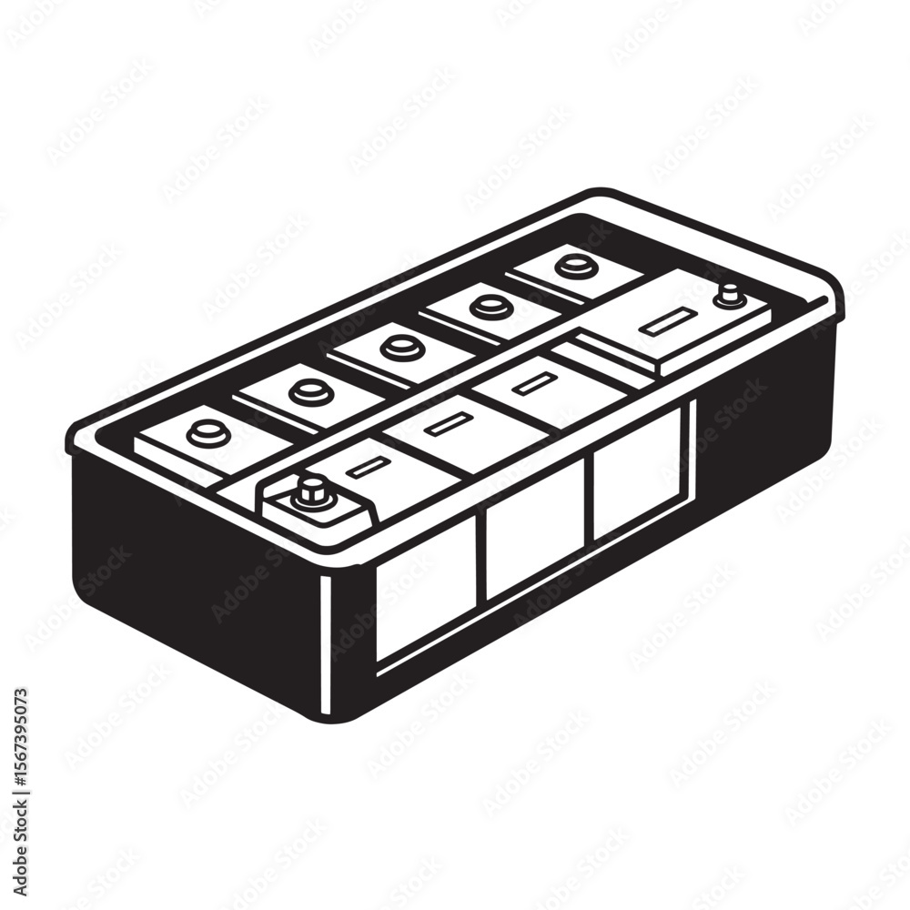 Aufkleber monochrome illustration of a rectangular battery pack with several terminals and rectangular compart