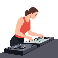 Female DJ Mixing Music at the Console. Flat vector illustration isolated on white background