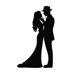 Elegant silhouette of a couple in romantic embrace wearing a hat and long dress