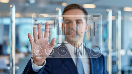 A professional business analytics dashboard visualization on a digital screen. A person in a dark business suit and blue tie is interacting with the interface using their right hand