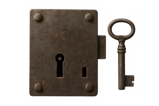 Weathered metal key inserting into aged padlock, symbolizing vintage security protection against transparent backdrop