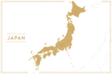 Simple Gold Outline Map of Japan with Prefectures