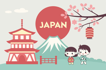 Naklejka premium Cute Cartoon Illustration of Japan with Children
