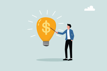 Idea pitching, startup idea or entrepreneurship funding, venture capital meeting, business idea to make money presentation, investment discussion concept, businessman present money idea lightbulb.